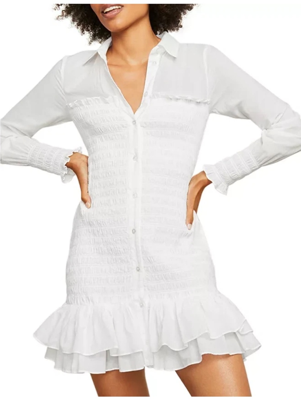 Veronica Beard White Long-Sleeve Shirred Button Dress with Ruffle Hem